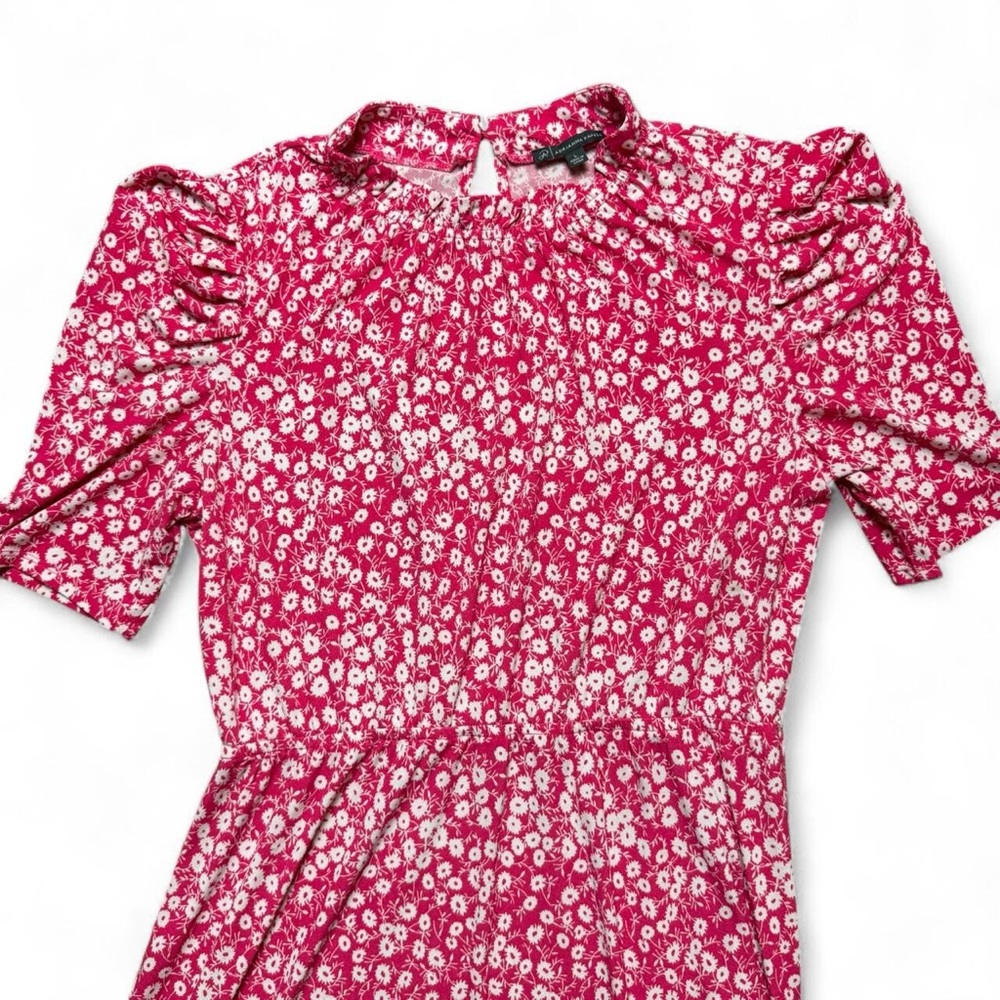 Adrianna Papell Pink Floral Puff Sleeve Smocked Midi Dress Cottagecore Size L - Picture 3 of 4